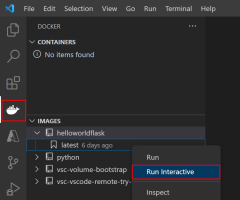 VS Code에서 Docker 확장을 사용하여 Docker 이미지에서 컨테이너를 실행하는 방법을 보여 주는 스크린샷
