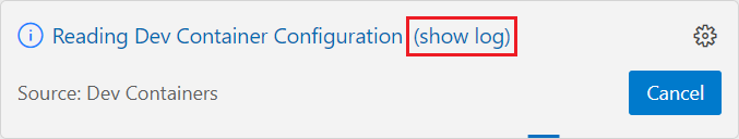 Dev Containers 작업 진행률 대화 상자에서 '로그 표시'를 선택하는 방법을 보여 주는 스크린샷