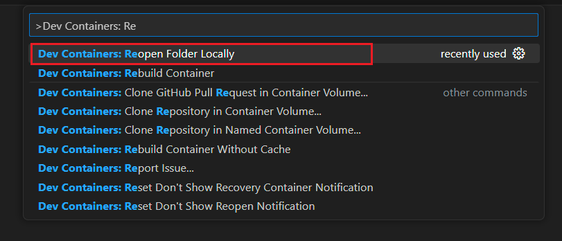Visual Studio Code에서 로컬 환경 내에서 현재 폴더를 다시 여는 명령 팔레트 옵션의 스크린샷.