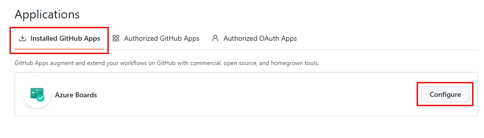 열려 있는 조직 계정, 설치된 GitHub Apps, Azure Boards, 구성의 스크린샷