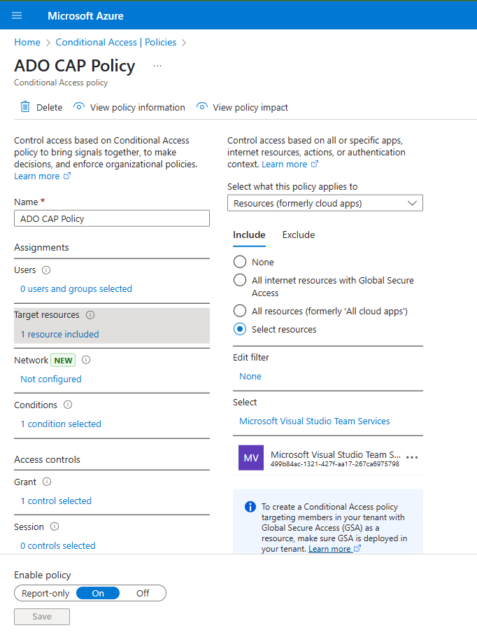 Microsoft Entra 포털의 새 조건부 액세스 정책에서 Azure DevOps를 대상 리소스로 추가하는 방법을 보여 주는 스크린샷