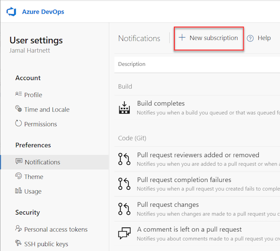 Azure DevOps에서 새 구독 옵션을 선택하는 방법을 보여 주는 스크린샷