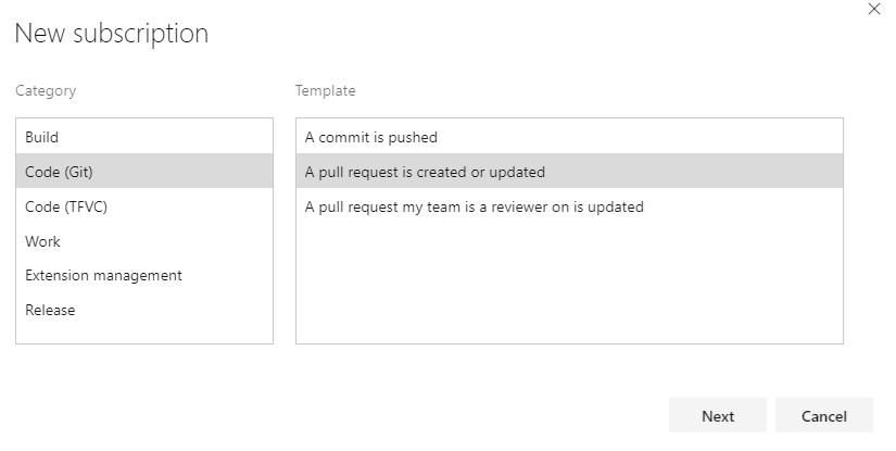 이전 버전의 Azure DevOps에서 이벤트 범주 및 템플릿을 선택하는 방법을 보여 주는 스크린샷