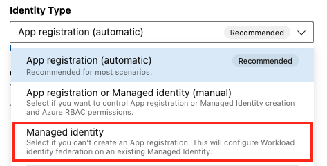 사용자가 할당한 ID와 함께 관리 ID를 선택하는 Azure Resource Manager의 선택 항목을 보여주는 스크린샷.