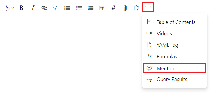 기타 옵션 메뉴에서 @멘션을 선택하여 위키 페이지의 사용자 또는 그룹에 대한 멘션을 추가하는 방법을 보여 주는 스크린샷
