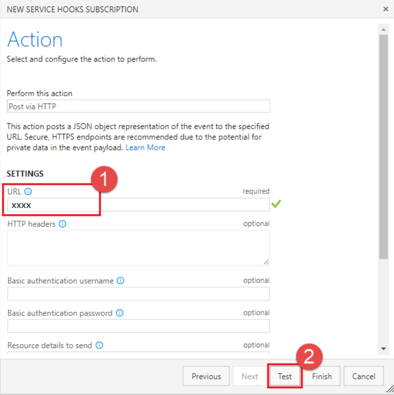 스크린샷은 서비스 후크를 테스트하기 위해 입력한 URL 및 선택한 테스트를 보여줍니다.