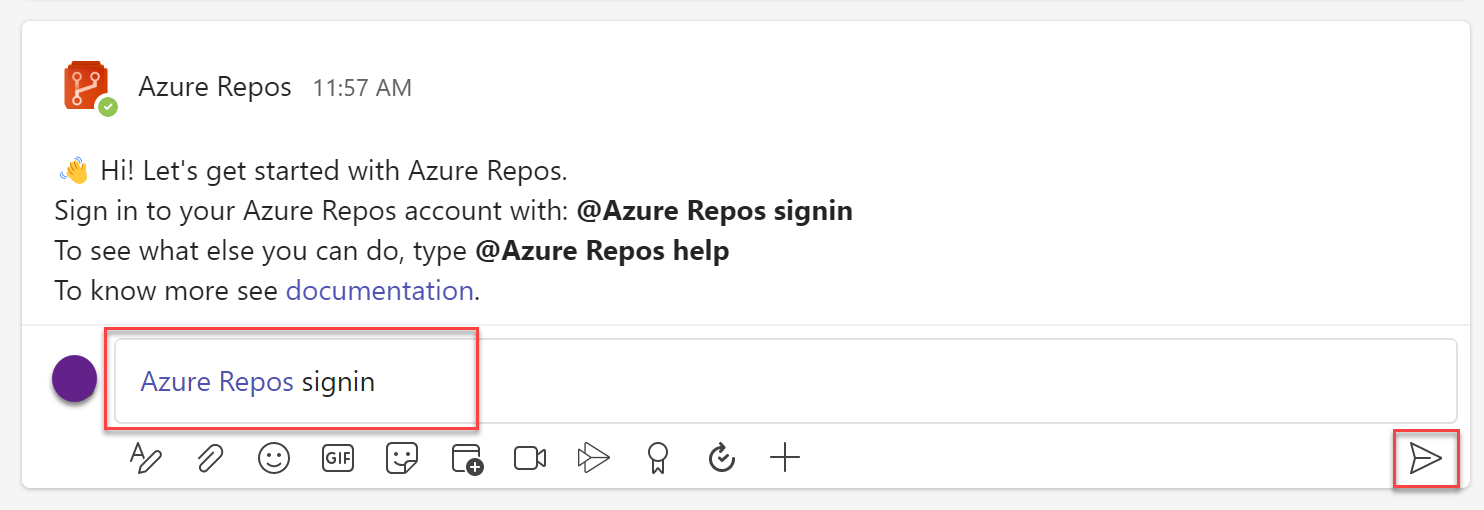Azure Repos에 대한 Teams 로그인 항목을 보여 주는 스크린샷