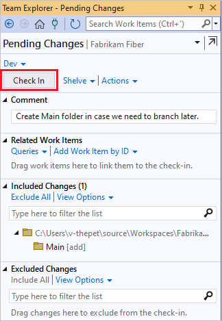 새 폴더의 체크 인을 보여 주는 스크린샷
