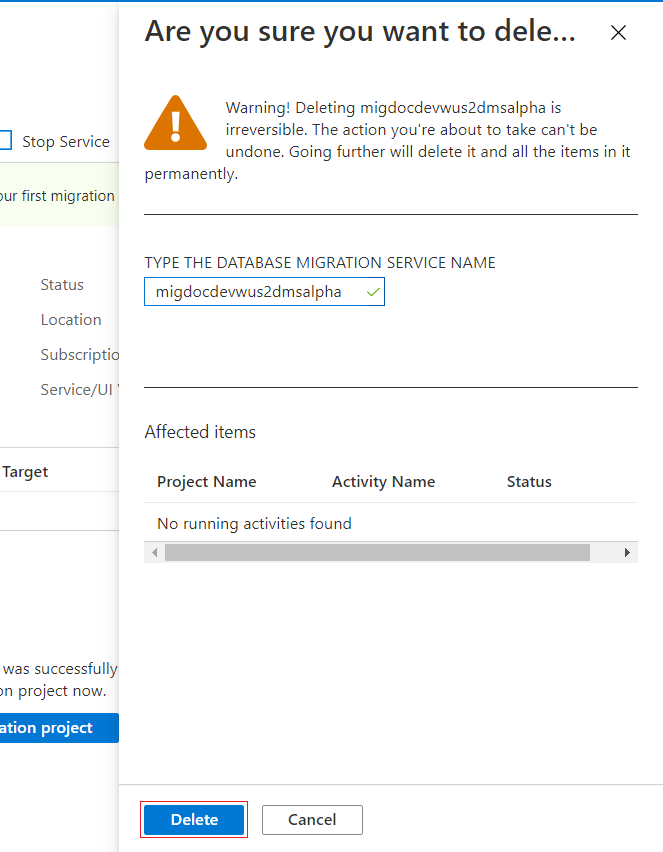 마이그레이션 서비스 삭제 확인 스크린샷.