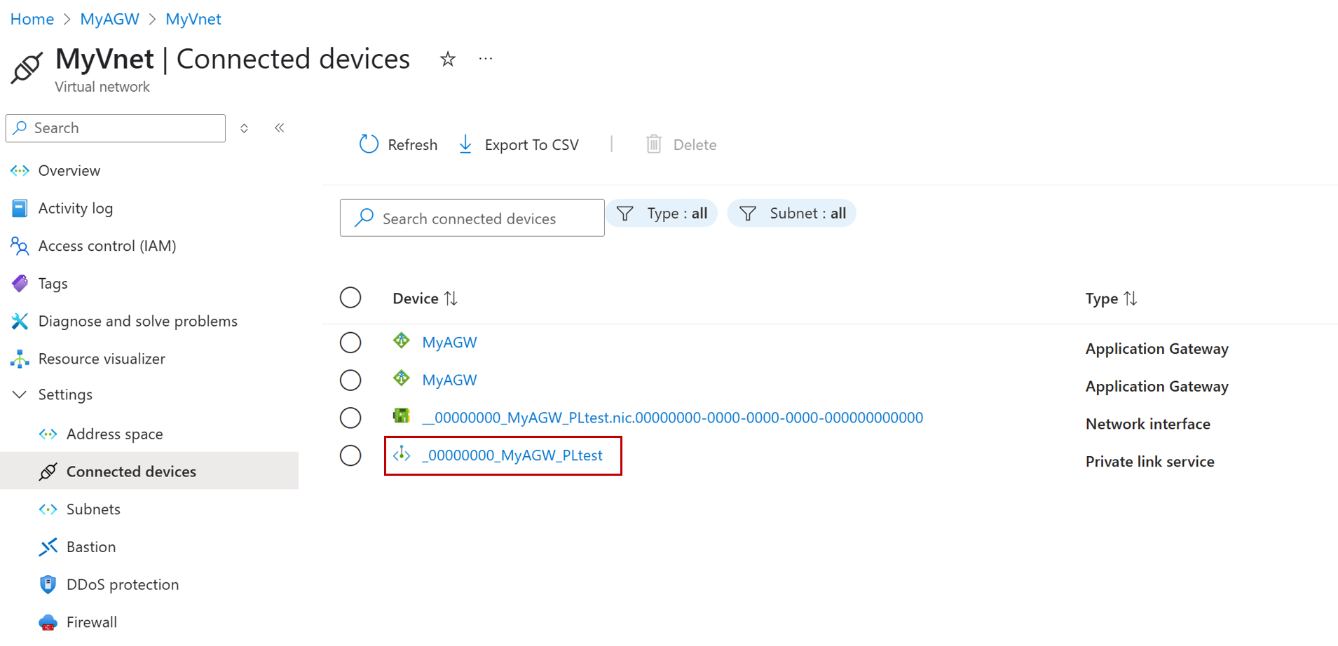 Application Gateway 가상 네트워크 내의 연결된 디바이스 탭 스크린샷