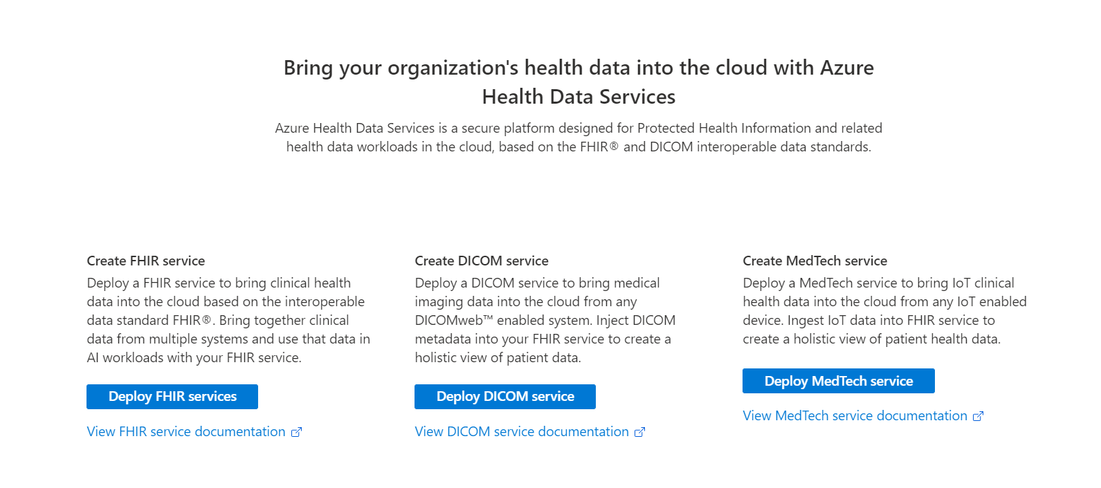 Azure Health Data Services 작업 영역을 보여 주는 스크린샷.