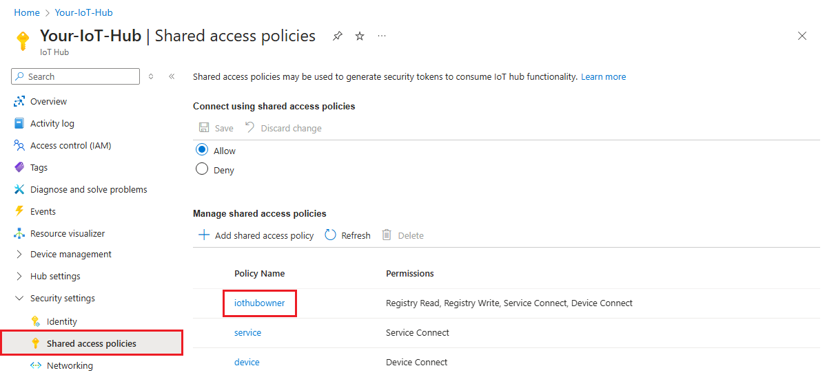 Azure Portal에서 iothubowner 공유 액세스 정책을 선택하는 방법을 보여 주는 스크린샷