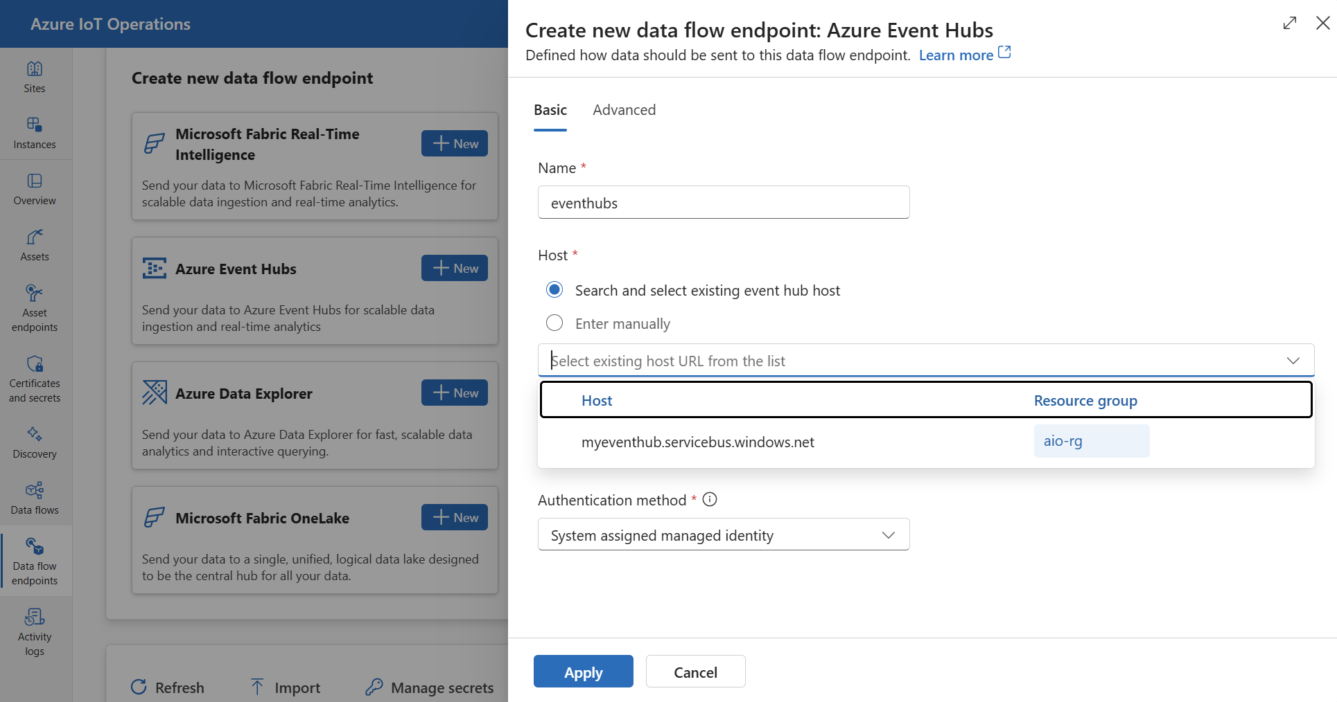 Azure Event Hubs 데이터 흐름 엔드포인트를 만들기 위해 운영 환경을 사용하는 것을 보여 주는 스크린샷.