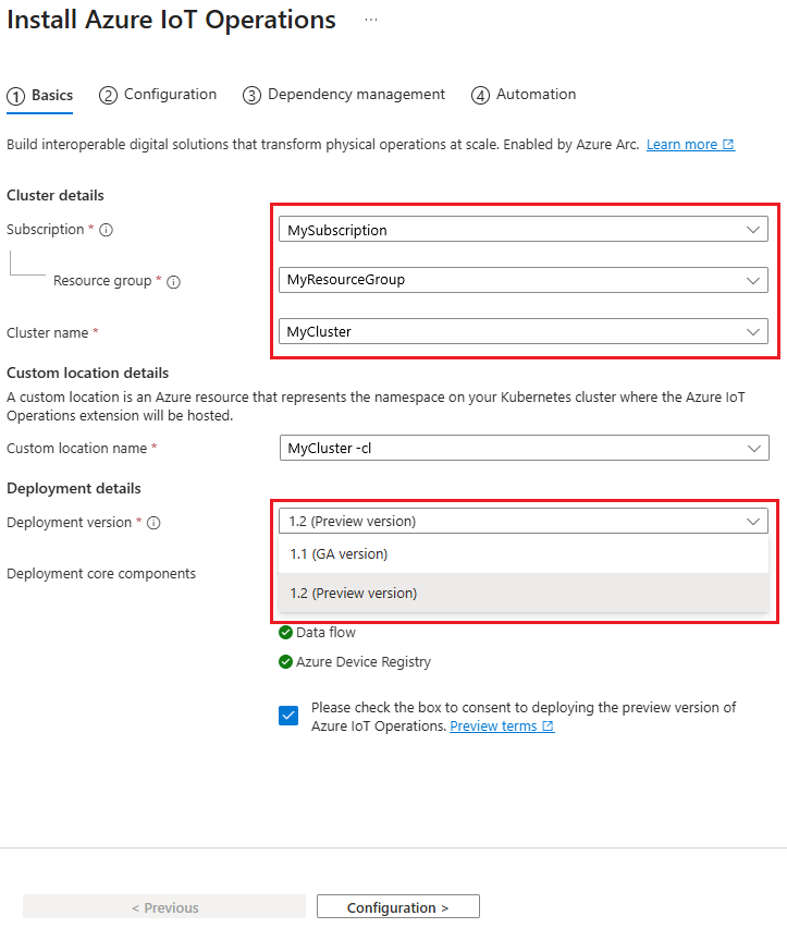 포털에서 Azure IoT 작업을 배포하기 위한 첫 번째 탭을 보여 주는 스크린샷.