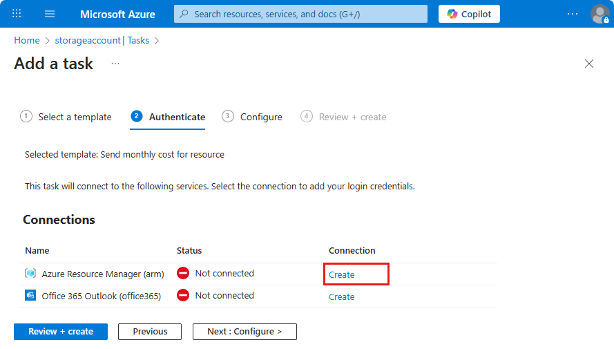 Azure Resource Manager 연결에 대해 선택한 