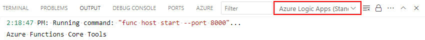 범위 목록과 Azure Logic Apps(표준)가 선택된 출력 창을 보여 주는 스크린샷.