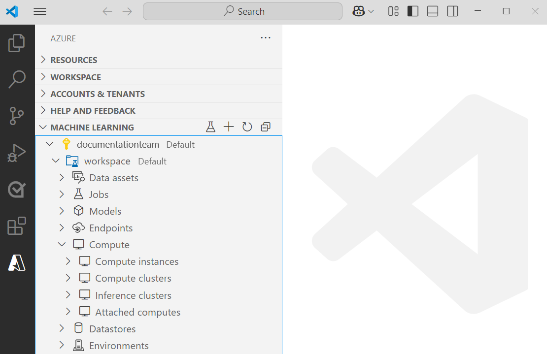 Azure Machine Learning Visual Studio Code 확장을 보여 주는 스크린샷.