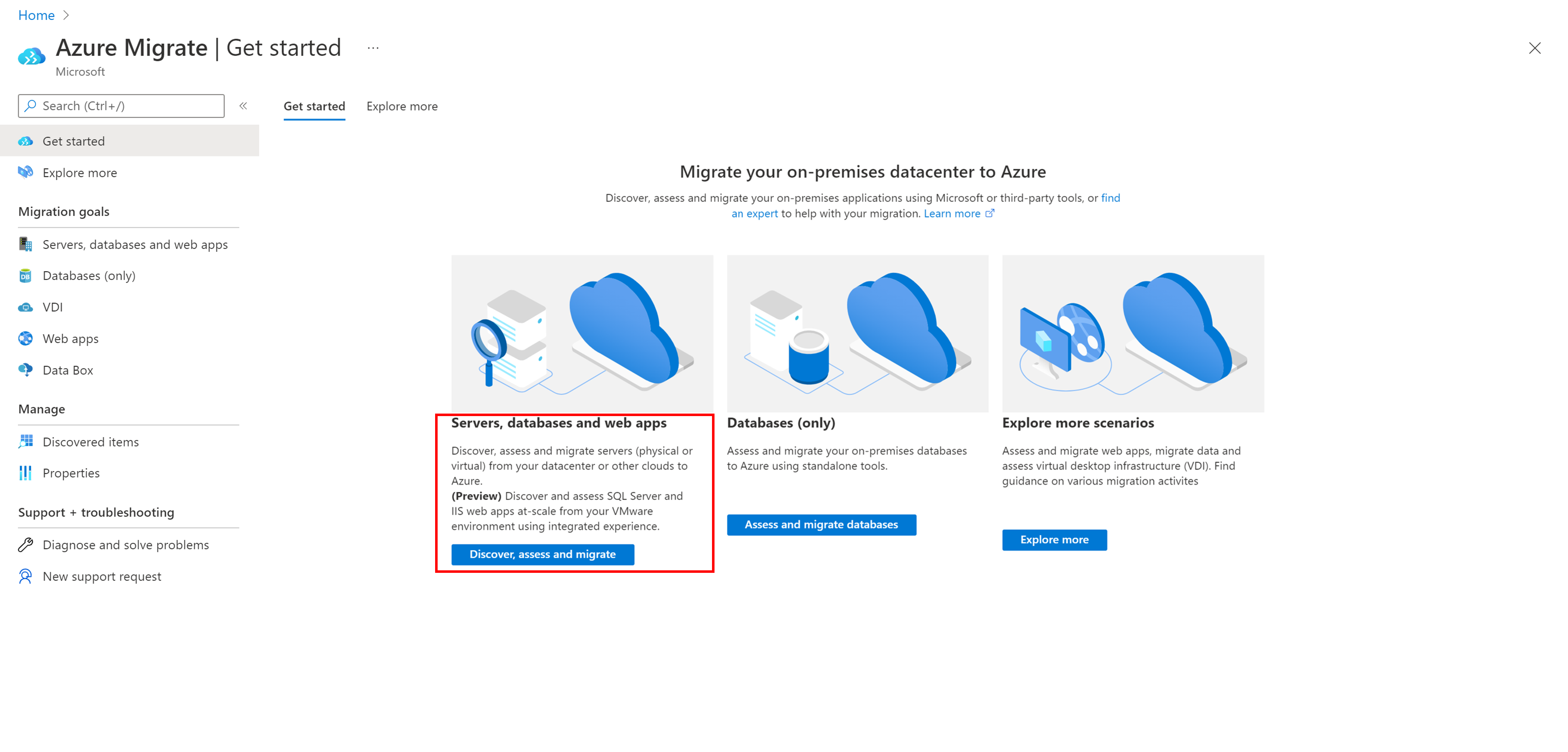 Azure Migrate 개요 페이지의 스크린샷.