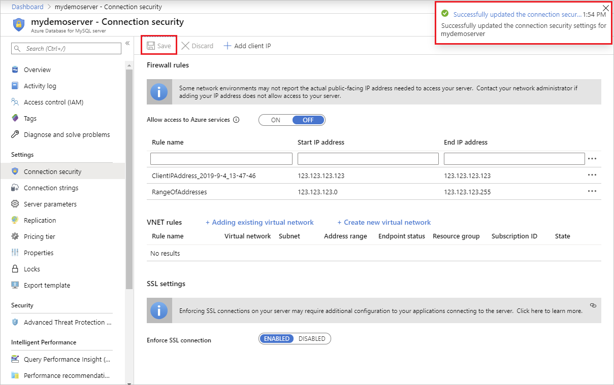 Azure Portal의 스크린샷 - 저장을 선택합니다.