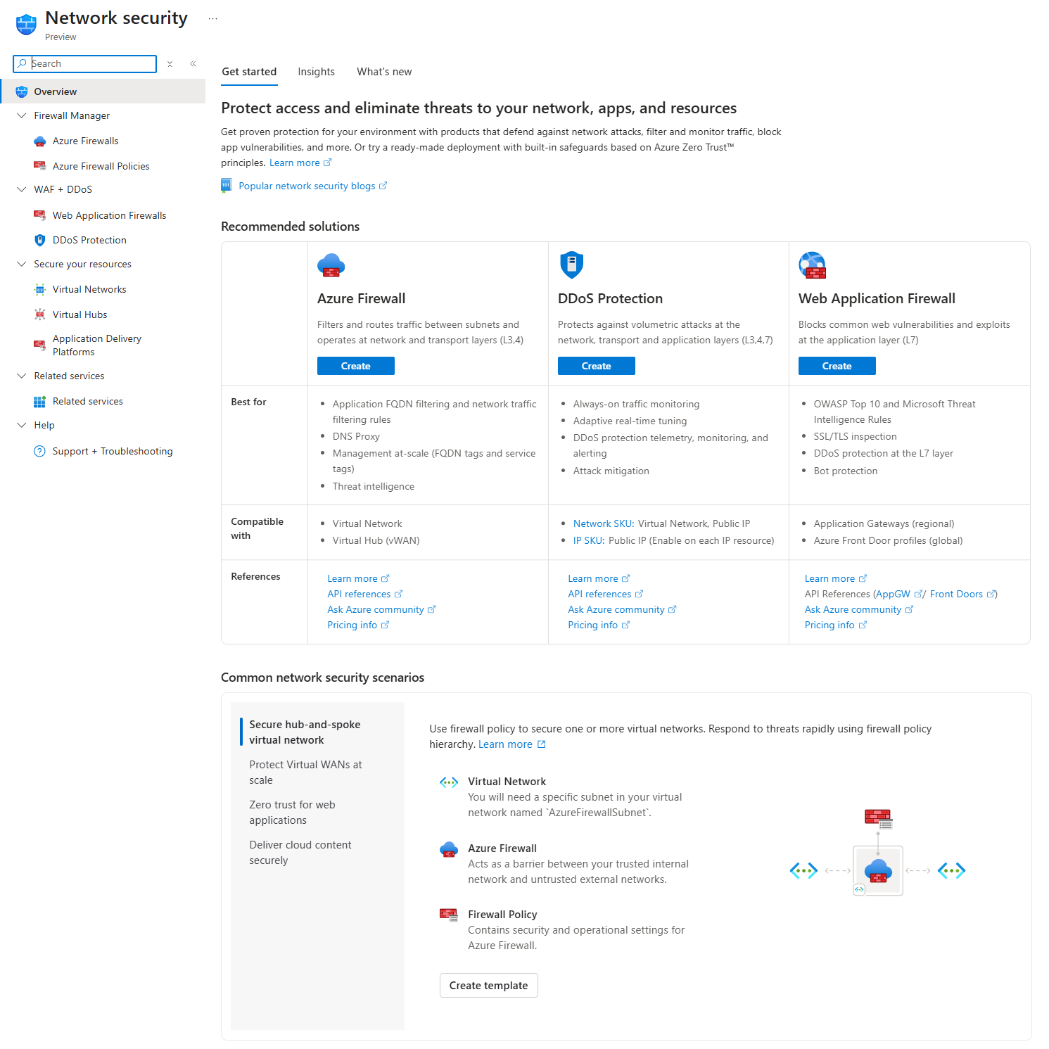 Azure Portal의 네트워크 보안 선택 환경 스크린샷