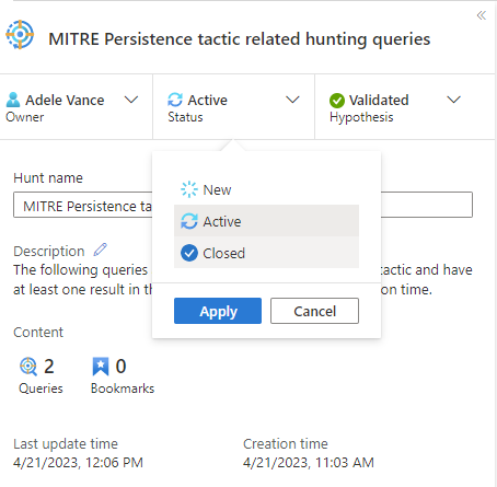 스크린샷은 헌트 상태 메뉴 선택을 보여줍니다.