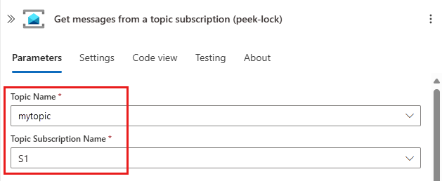 Service Bus 토픽 및 구독이 지정된 Logic Apps 디자이너를 보여 주는 스크린샷