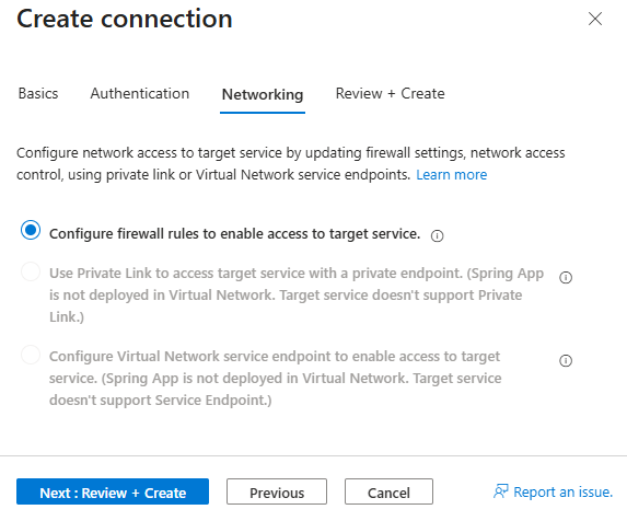 네트워킹 탭을 채우는 Azure Portal의 스크린샷.