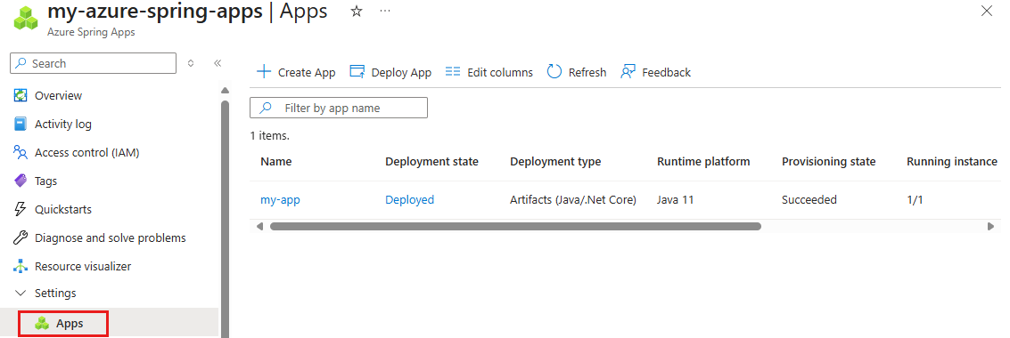 앱을 선택하는 Azure Portal의 스크린샷.