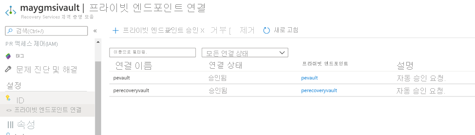 보관소의 프라이빗 엔드포인트 연결 페이지와 연결 목록을 보여 주는 스크린샷