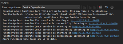 Azurite를 Azure Functions 프로젝트의 런타임 스토리지 계정으로 설정한 후의 출력을 보여 주는 스크린샷
