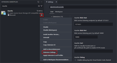 Azurite 확장 설정을 수정하는 방법을 보여 주는 스크린샷