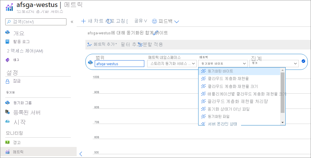 Azure Portal의 Azure 파일 동기화 메트릭 스크린샷