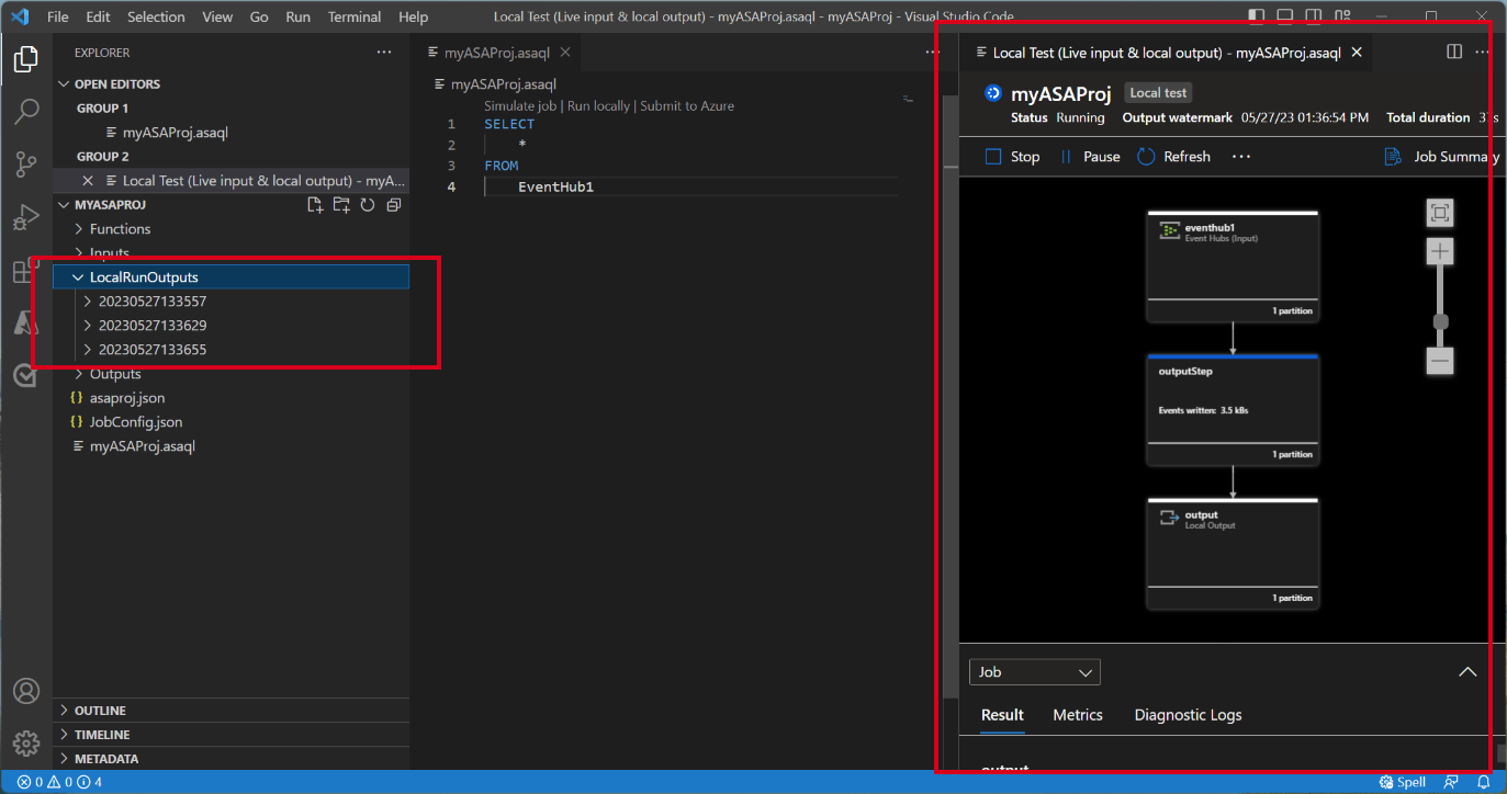 로컬 테스트 창을 보여주는 VS Code 확장의 스크린샷.