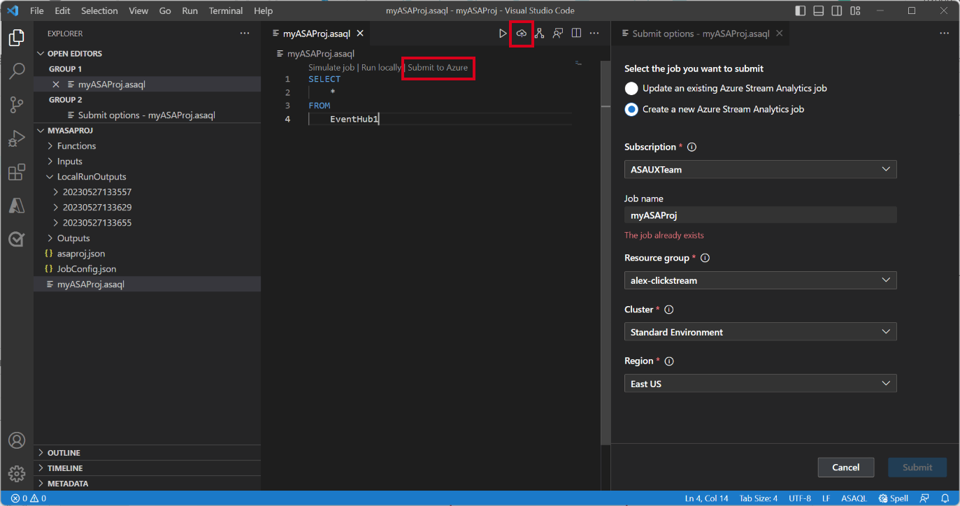 Azure에 작업을 제출하는 VS Code 확장의 스크린샷입니다.