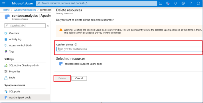선택한 Apache Spark 풀을 삭제하는 확인 대화 상자의 Azure Portal 스크린샷