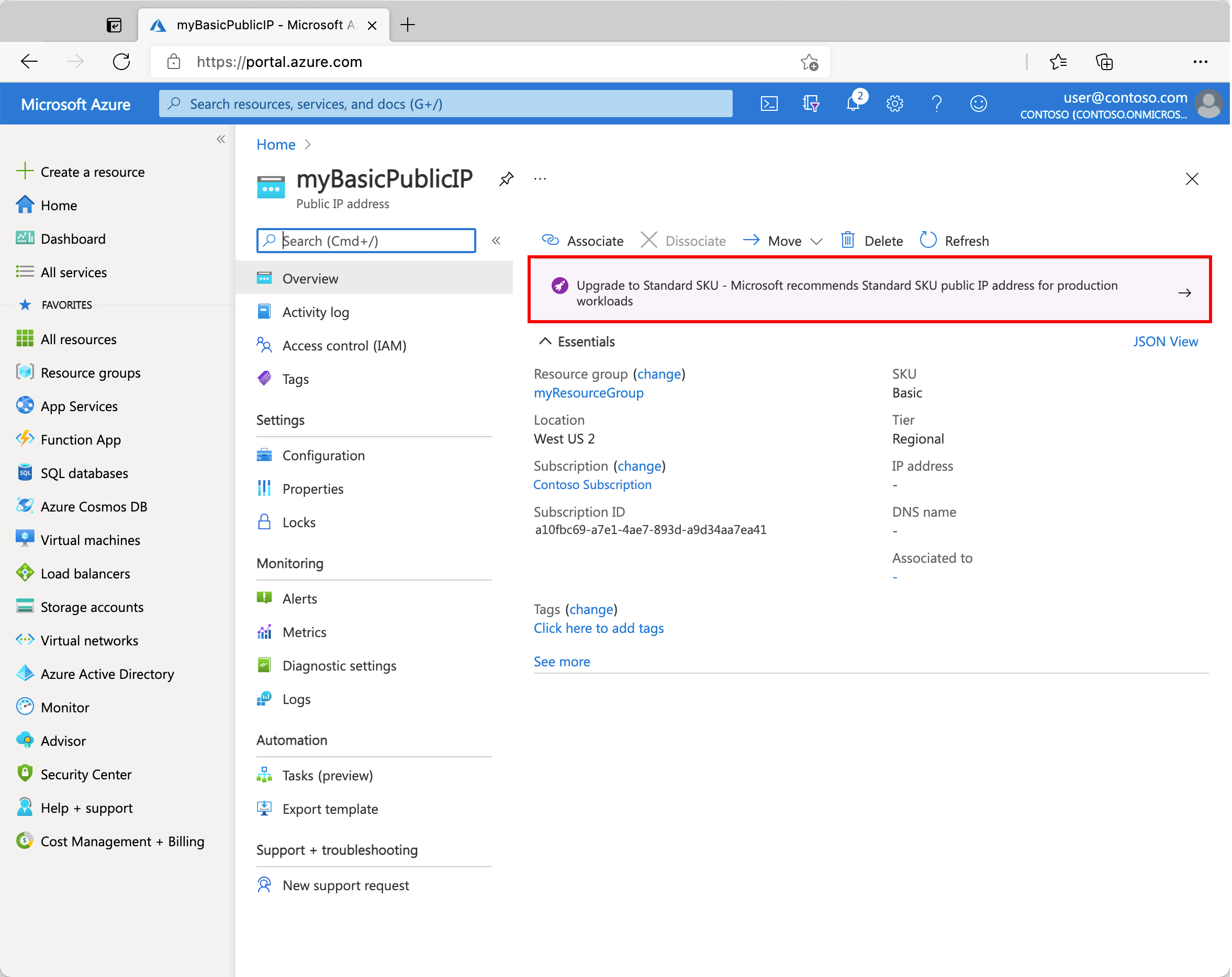 기본 IP 주소를 업그레이드하는 데 사용되는 Azure Portal에서 업그레이드 배너를 보여 주는 스크린샷
