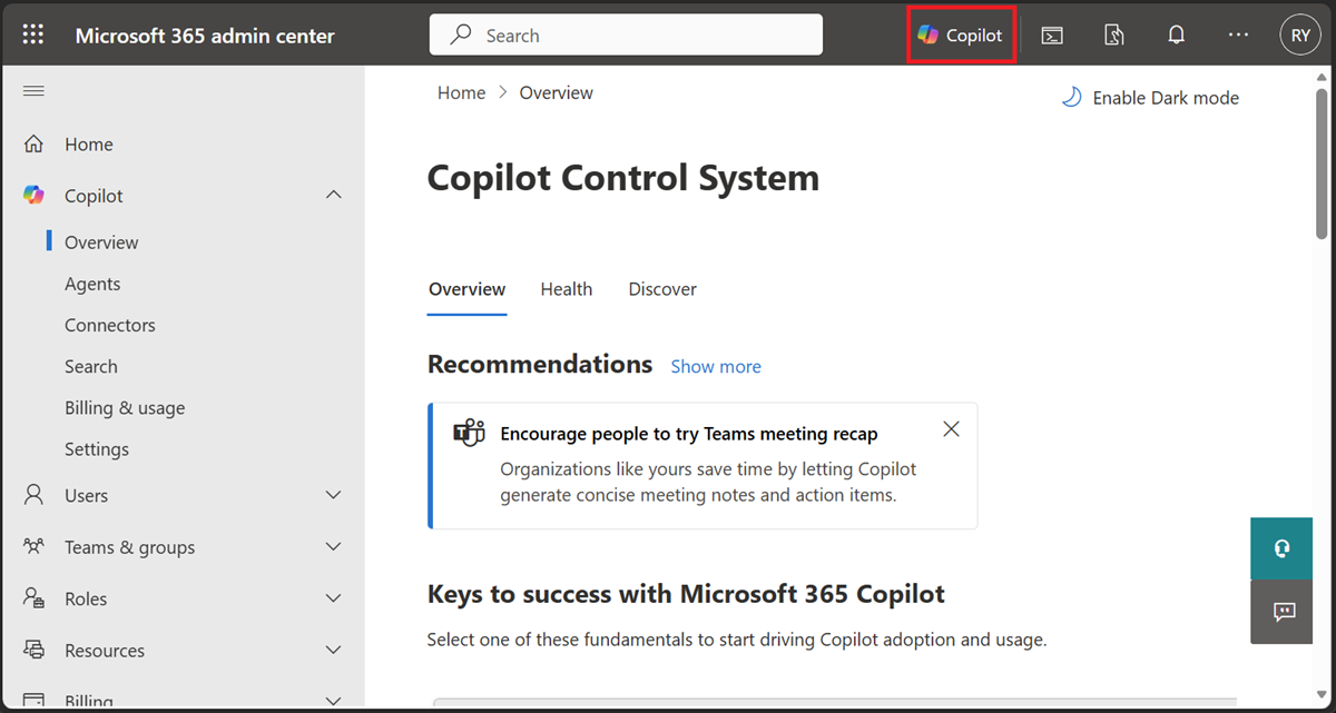 리본에서 Copilot 단추를 강조 표시하는 Microsoft 365 관리 센터 스크린샷