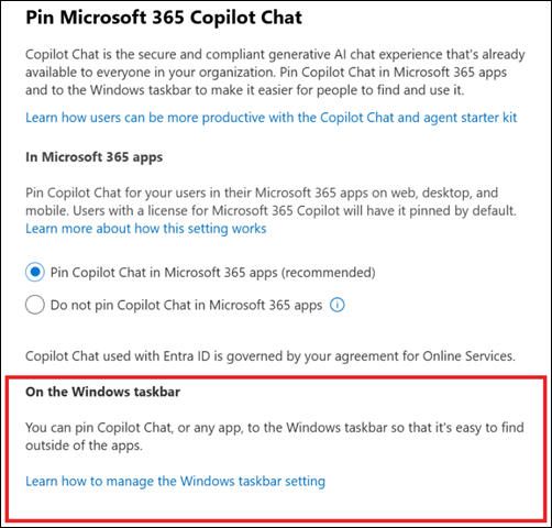 Intune 구독이 없는 경우 Windows 작업 표시줄에 Microsoft 365 Copilot 앱 고정하는 링크를 보여 주는 스크린샷