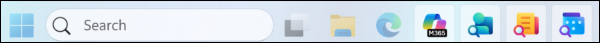 Microsoft 365 Copilot 앱 및 도우미 앱이 고정된 Windows 작업 표시줄을 보여 주는 스크린샷