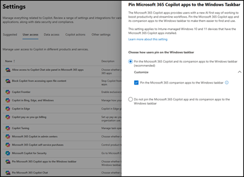 Microsoft 365 Copilot 및 도우미 앱을 작업 표시줄에 고정하는 토글을 보여 주는 스크린샷