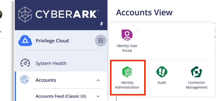 ID 관리가 강조 표시된 CyberArk ID 포털의 섹션을 보여 주는 스크린샷