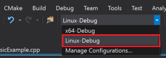 시작 구성 드롭다운의 스크린샷. 표시되는 옵션은 x64-Debug, Linux-Debug 및 구성 관리입니다.