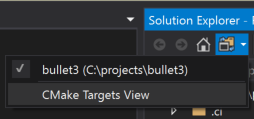 솔루션 탐색기에서 솔루션 및 폴더 버튼이 선택된 스크린샷. 선택된 c:\projects\bullet3와 CMake 타겟 보기를 포함한 드롭다운 메뉴가 표시됩니다.