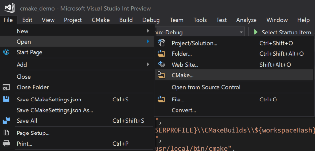 Visual Studio 메뉴의 스크린샷으로, 