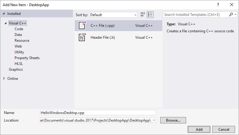 Visual Studio 2015의 새 항목 추가 대화 상자에서 Visual C plus plus가 선택되고 C 더하기 파일 옵션이 강조 표시된 스크린샷