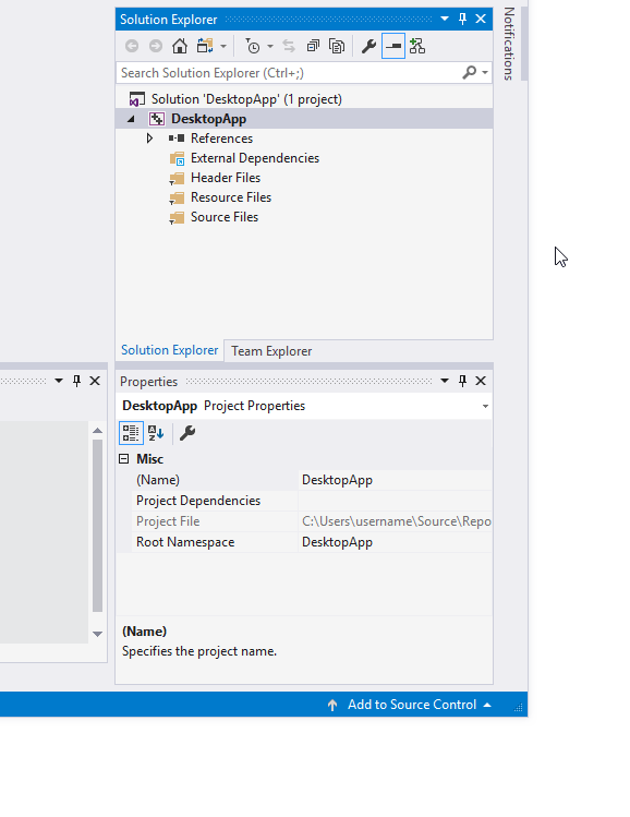 Visual Studio 2019에서 DesktopApp Project에 새 항목 추가를 보여 주는 애니메이션입니다.