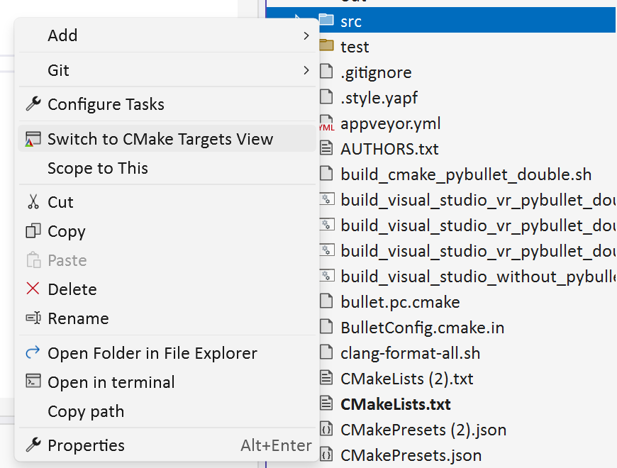 솔루션 탐색기에서 파일 또는 폴더를 마우스 오른쪽 단추로 클릭하는 스크린샷 CMake 대상 보기로 전환할 상황에 맞는 메뉴 항목이 표시됩니다.