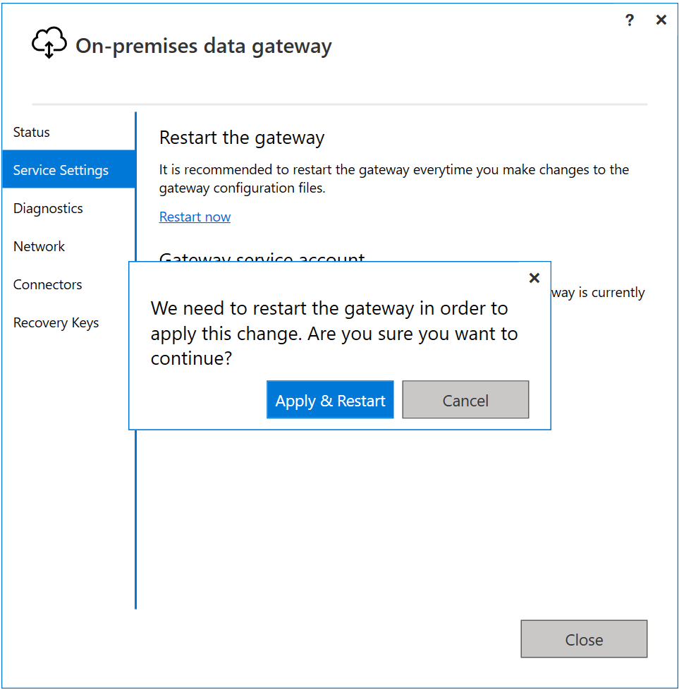 계정 변경 옵션에 대한 다시 시작 경고 대화 상자의 스크린샷