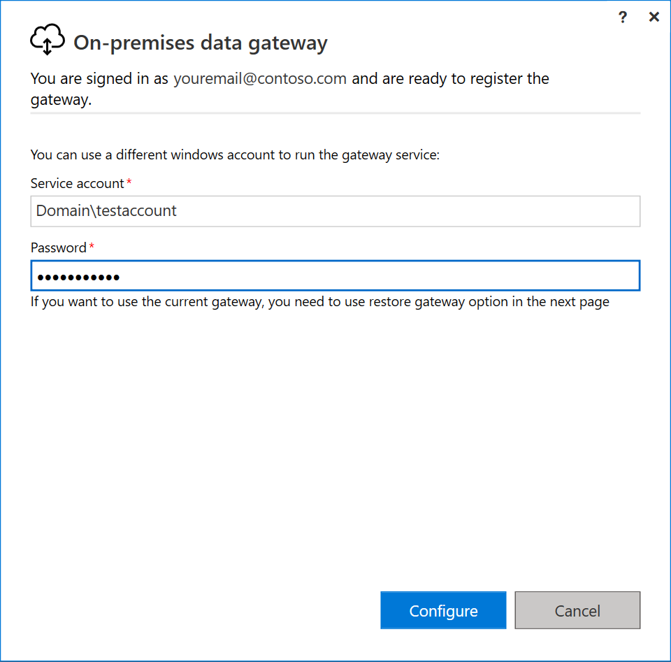 옵션 서비스 계정 및 암호 항목 구성 스크린샷