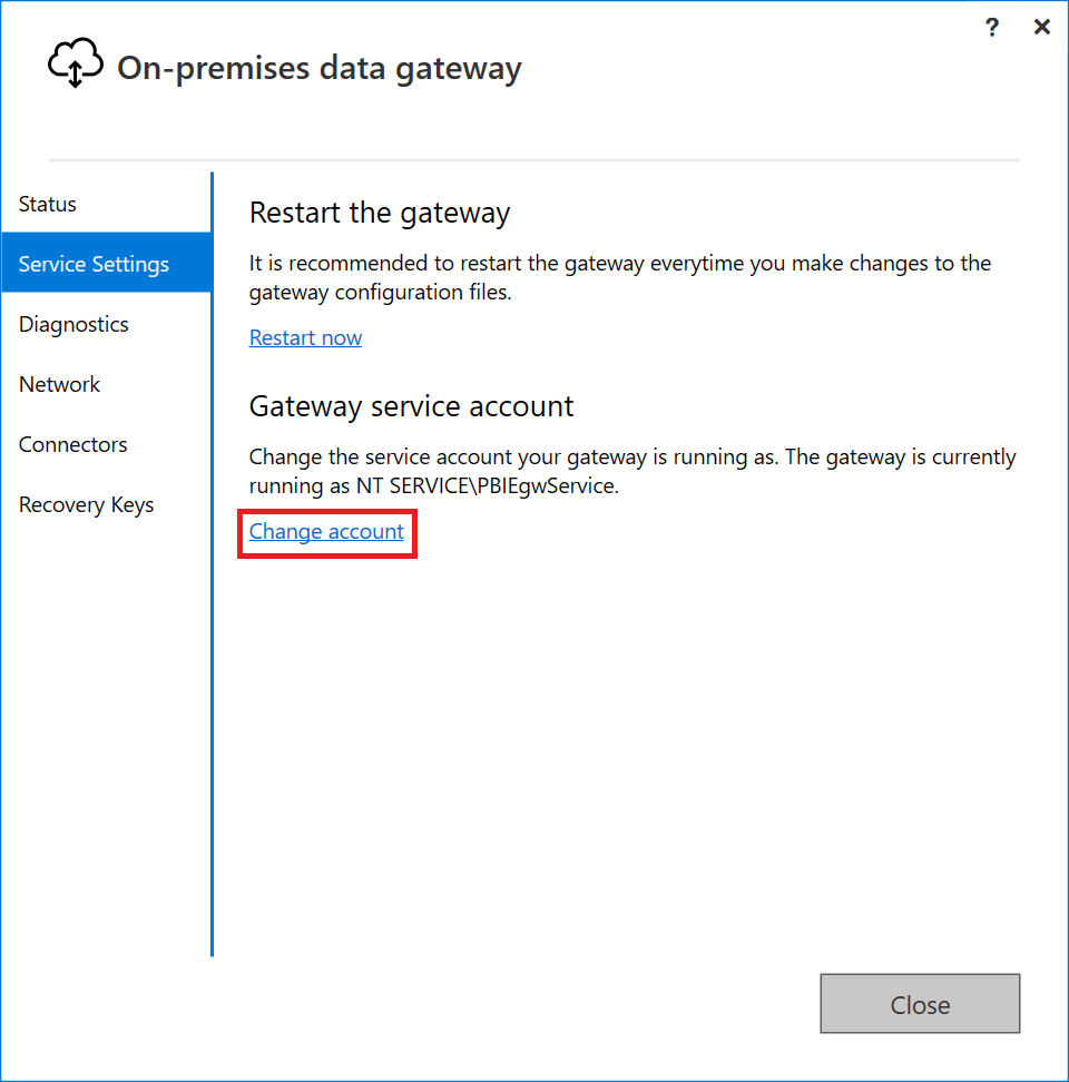 계정 변경 옵션이 강조 표시된 온-프레미스 데이터 게이트웨이 앱의 스크린샷